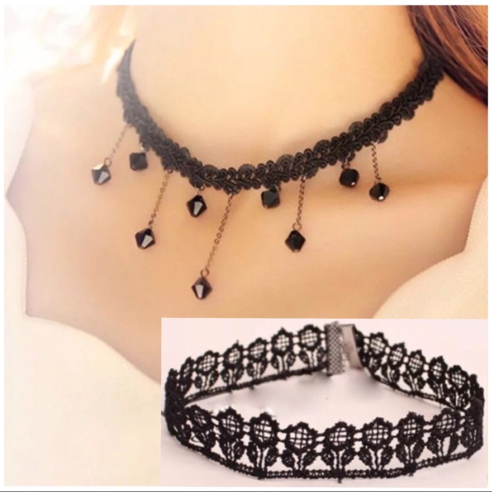 2 Choker Necklace Bundle Black Bead Floral Lace Goth Chokers Choker Necklaces